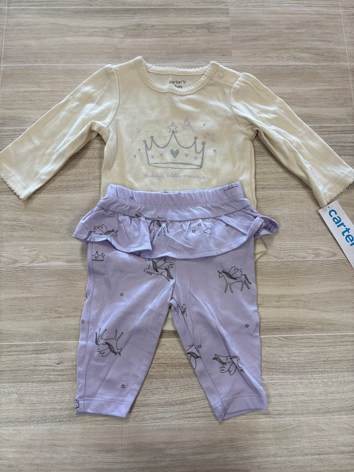 NWT 3m Daddys Little Princess Cream Onesie + Purple Unircorn Legging Set