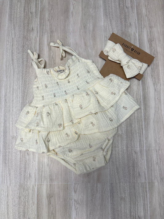 NWT 0-3m Rabbit + Bear Cream Floral Ruffle Oneise + Bow Set