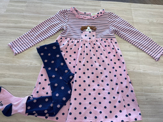 3T Blue/Pink Striped Polka Dot Dress + Tights