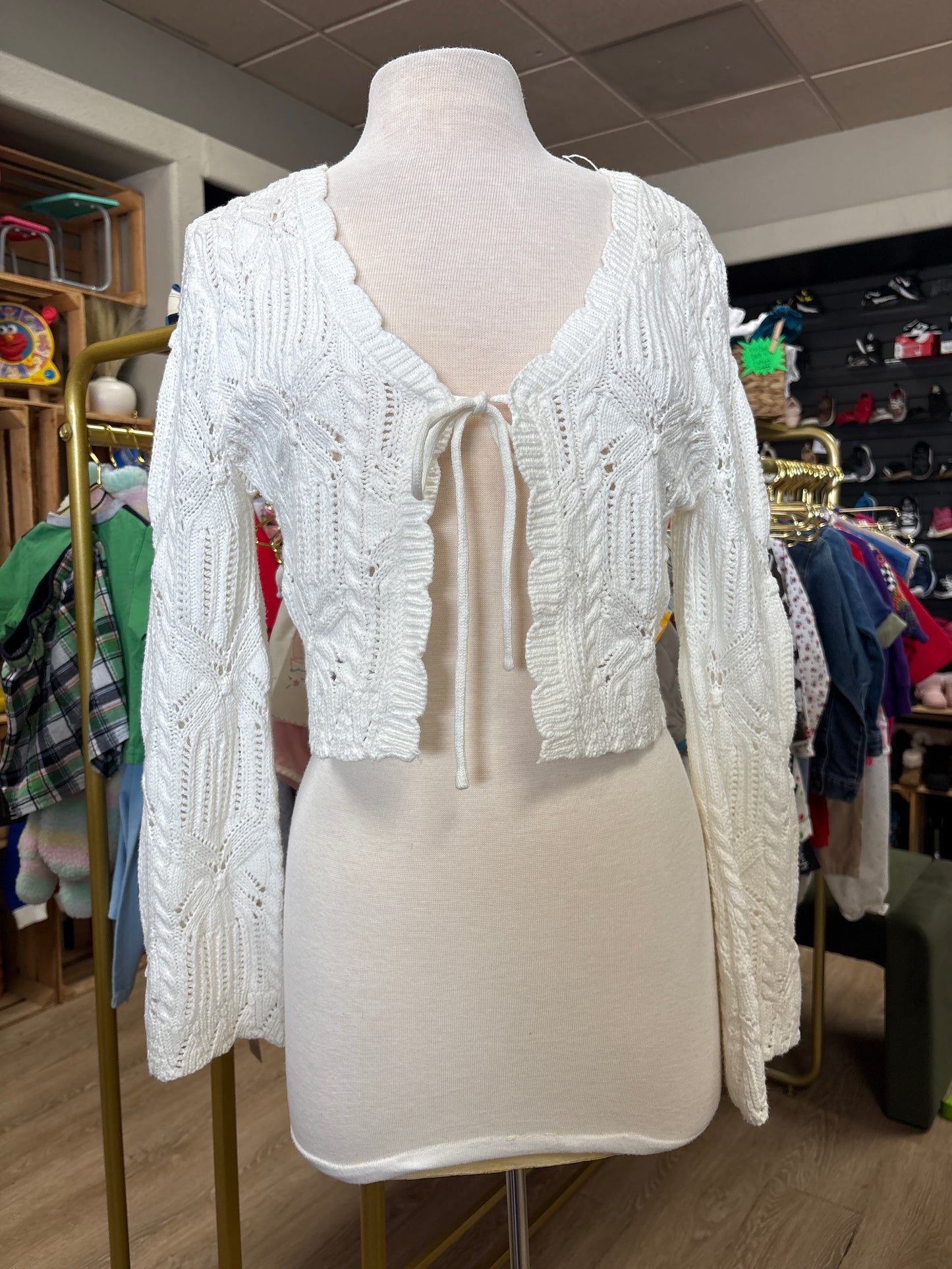 Womens Medium White Crochet Bell Sleeve Tie Top