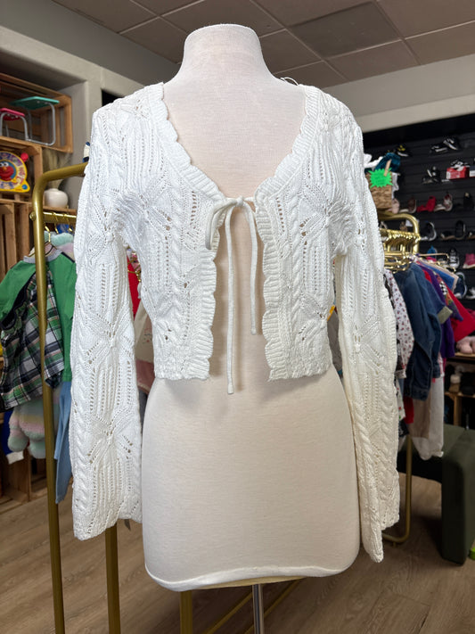Womens Medium White Crochet Bell Sleeve Tie Top