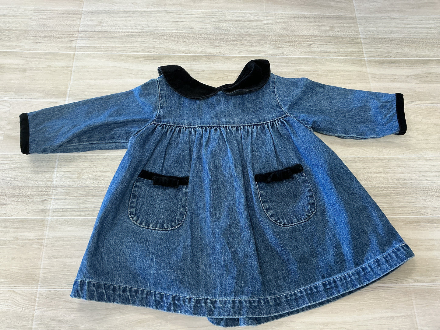 3-6m Denim Velvet Detail Long Sleeve Dress