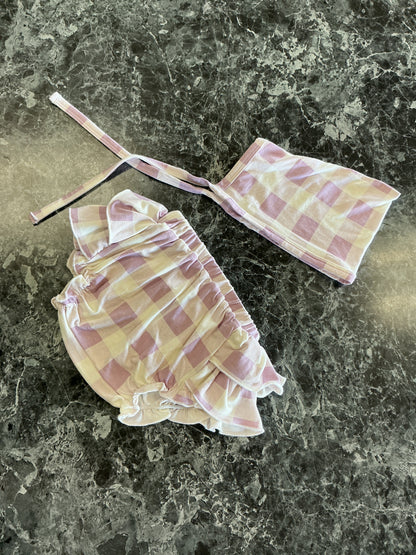 0-3m Kate Quinn Purple Checkered Bloomer with Bonnet