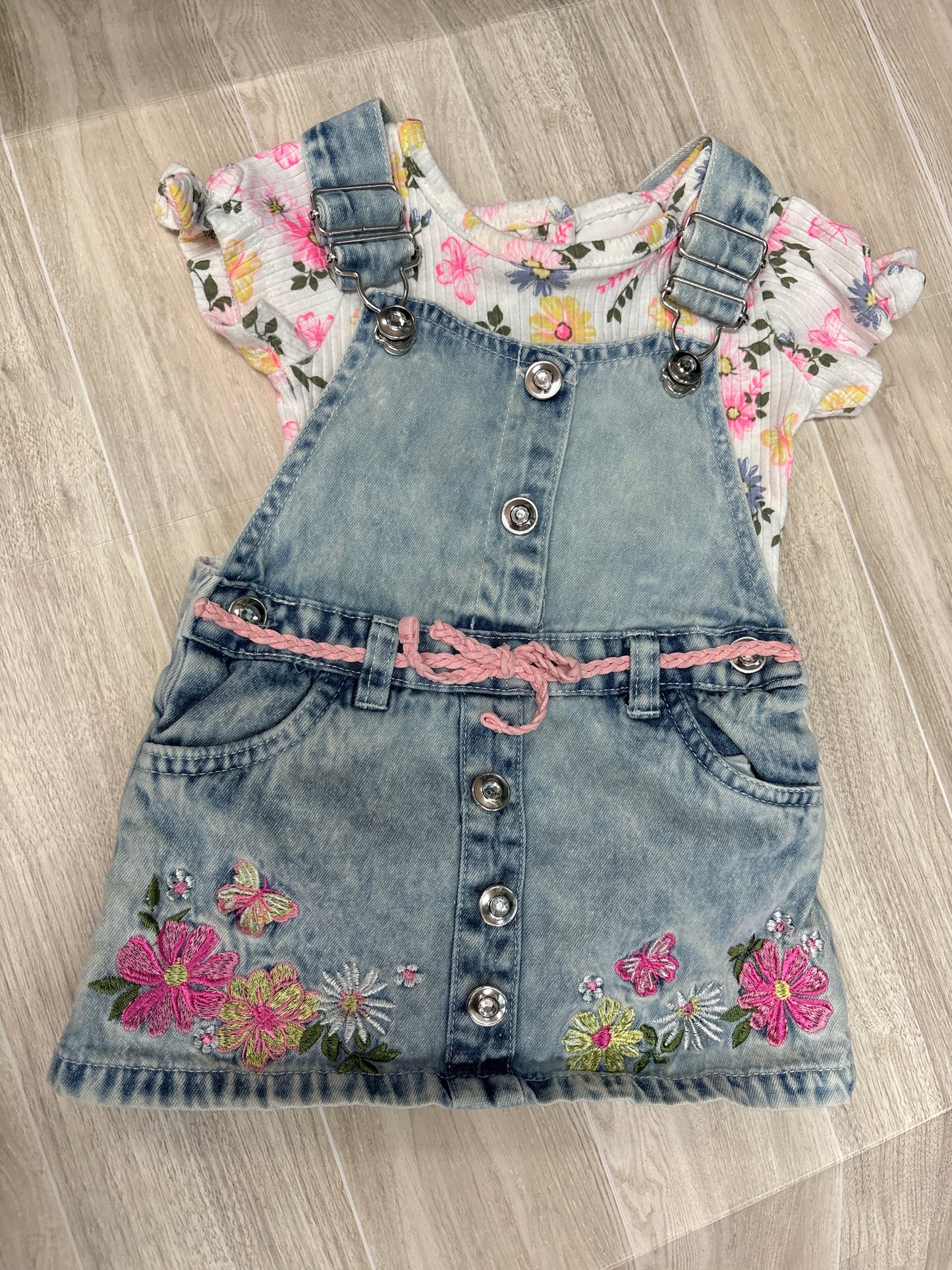 12m Acid Wash Denim Overalls + Floral Onesie Set