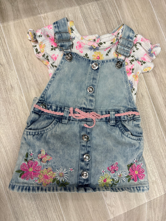 12m Acid Wash Denim Overalls + Floral Onesie Set