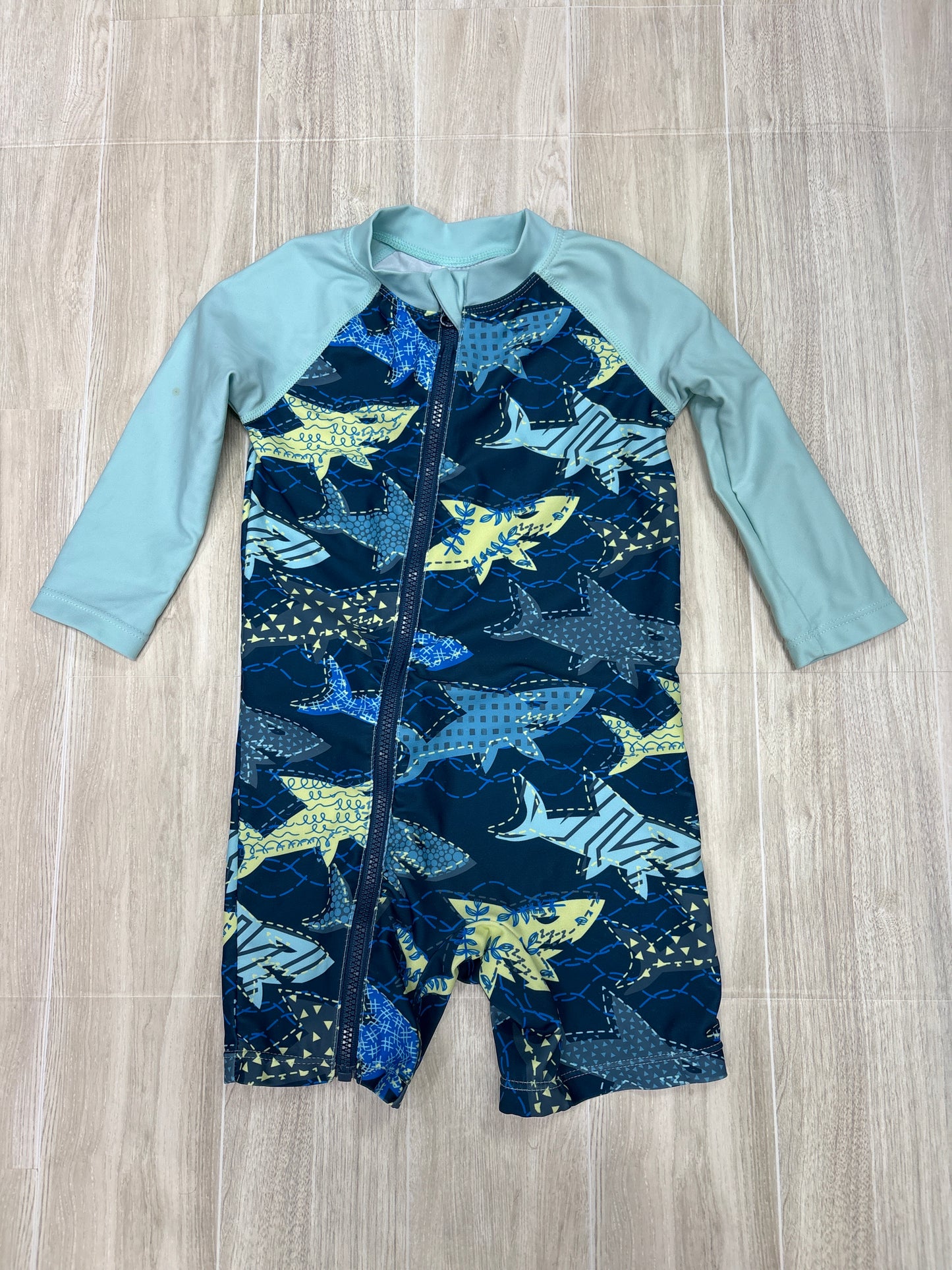9-12m Blue Shark Long Sleeve Swim Romper