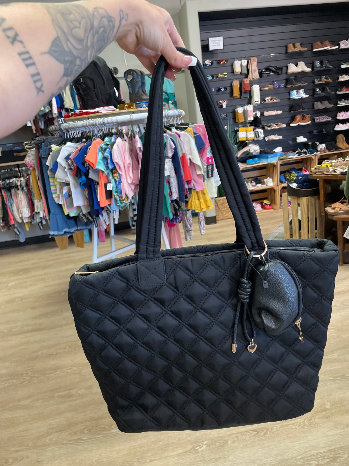 Black Quilted Large Bag with Coin Purse Keychain