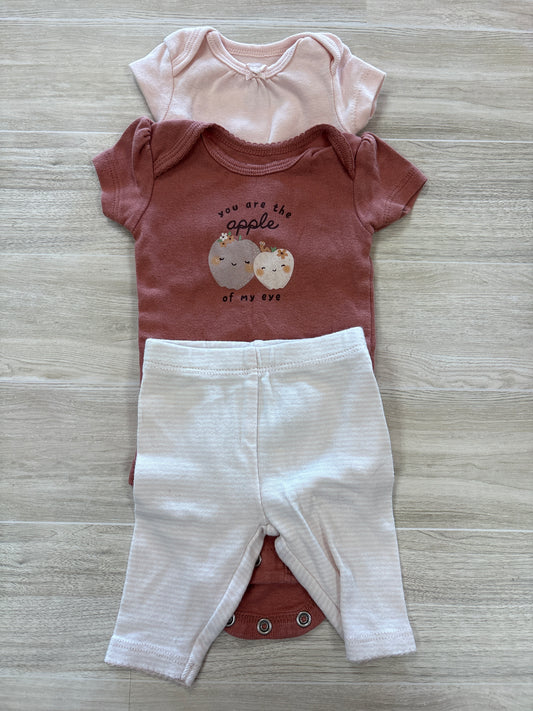 Newborn Mauve Apples/Light Pink Onesies + Legging 3 Pack