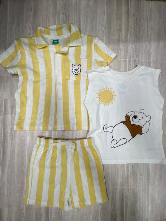 NWT 12m Winnie The Pooh Yellow Waffle Knit Shortie Set + Tank Top (3 Pieces)