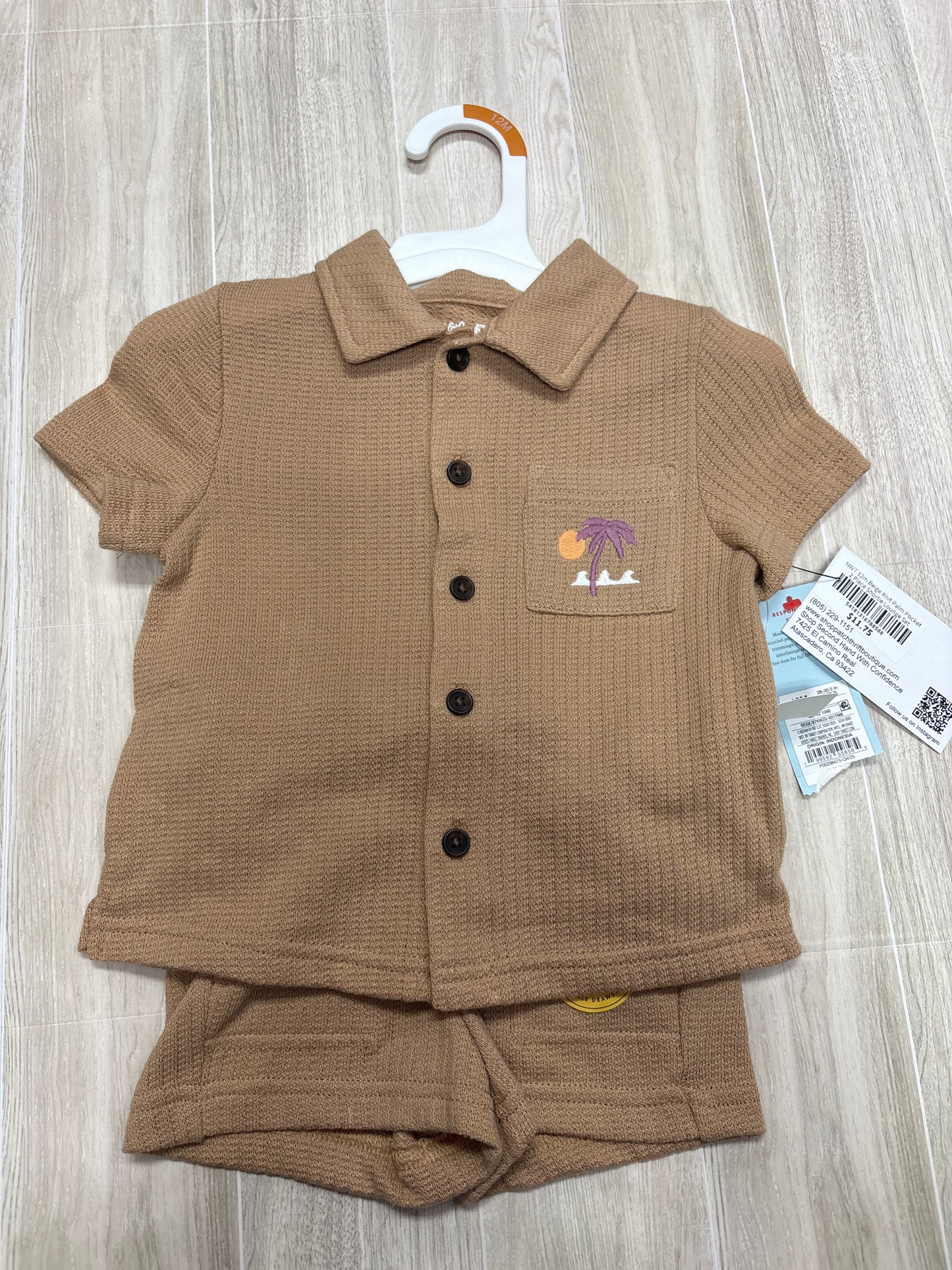 NWT 12m Beige Knit Palm Pocket 2 Piece Shortie Lounge Set
