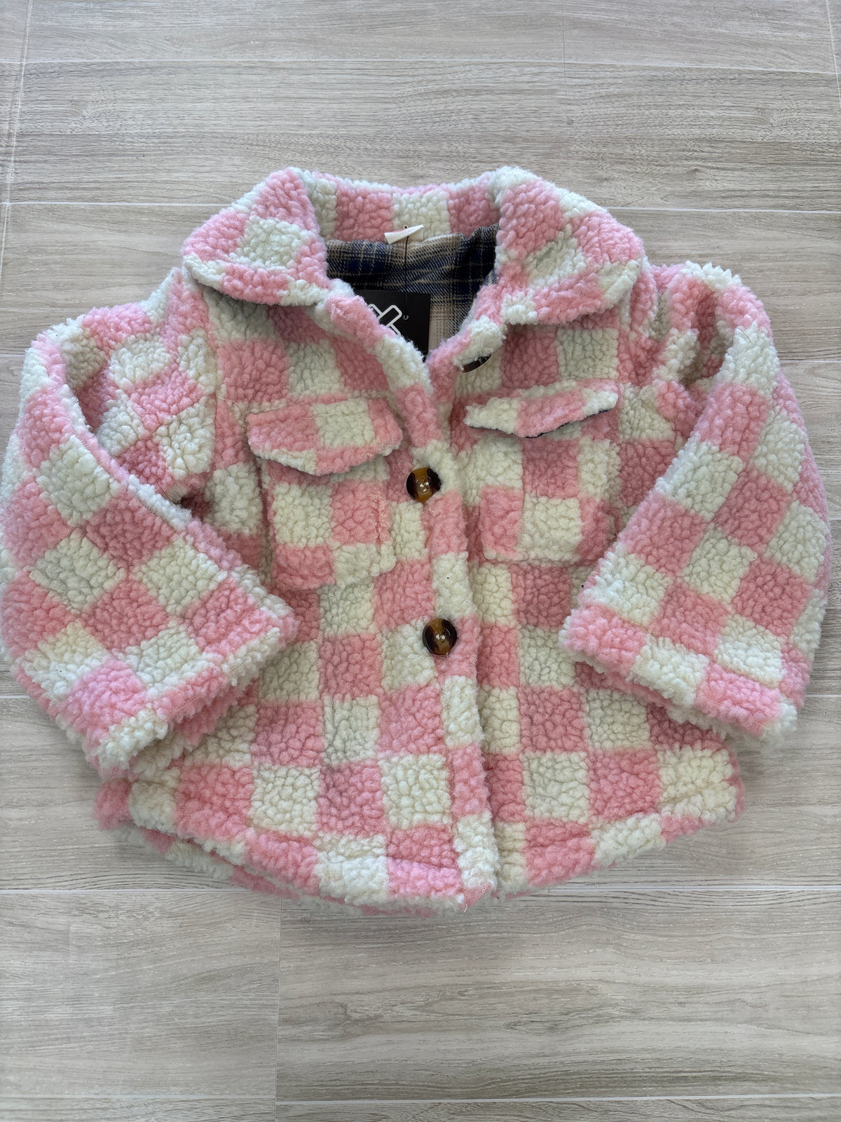 12m Pink/White Checkered Fuzzy Shacket