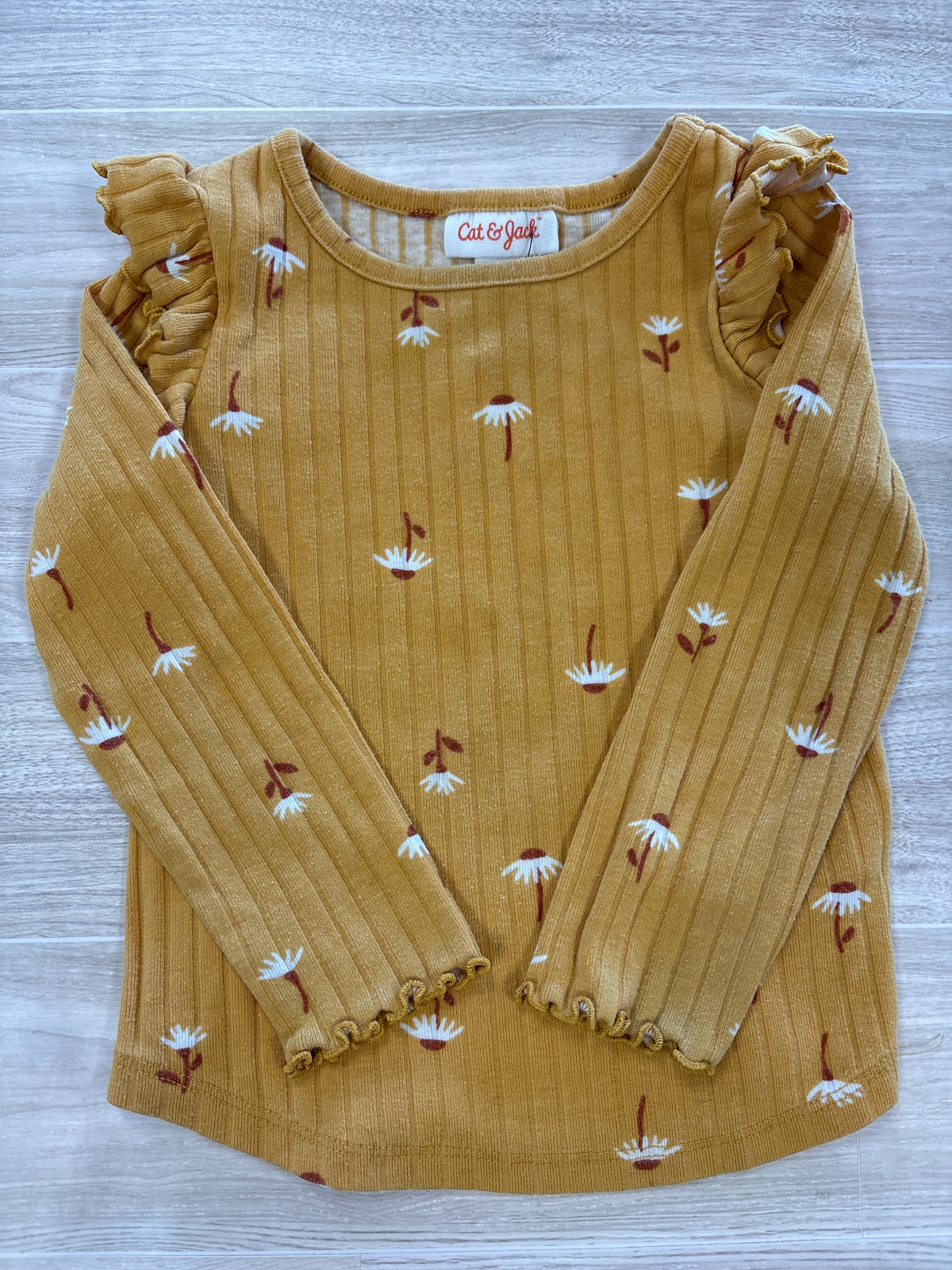 2T Mustard Floral Ribed Ruffle Long Sleeve