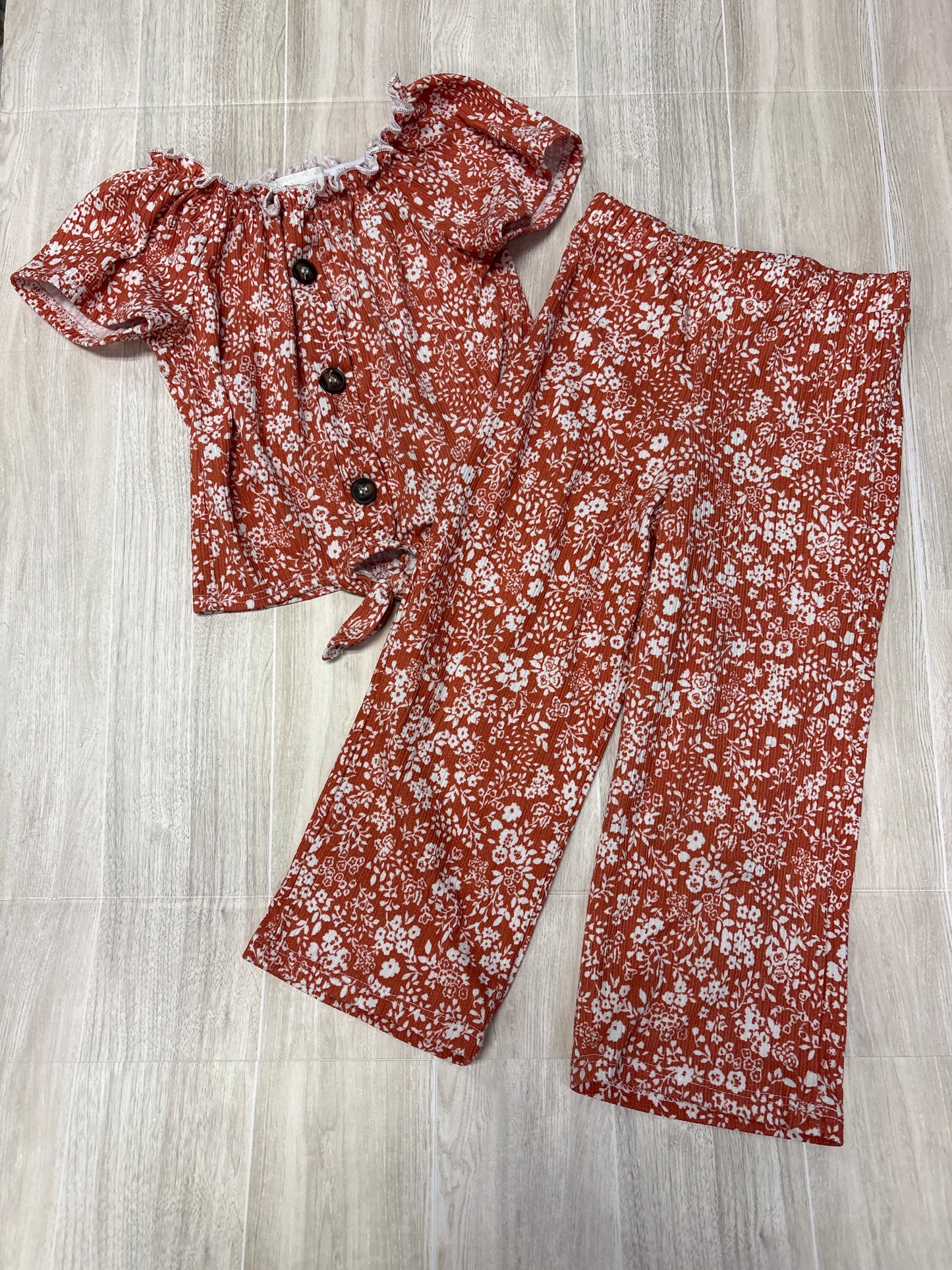 2T Ribbed Terracotta Floral 2 Piece Pant + Blouse Set