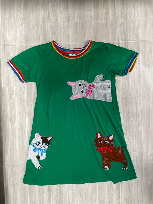 7Y Green Cats Dress With Rainbow Detail
