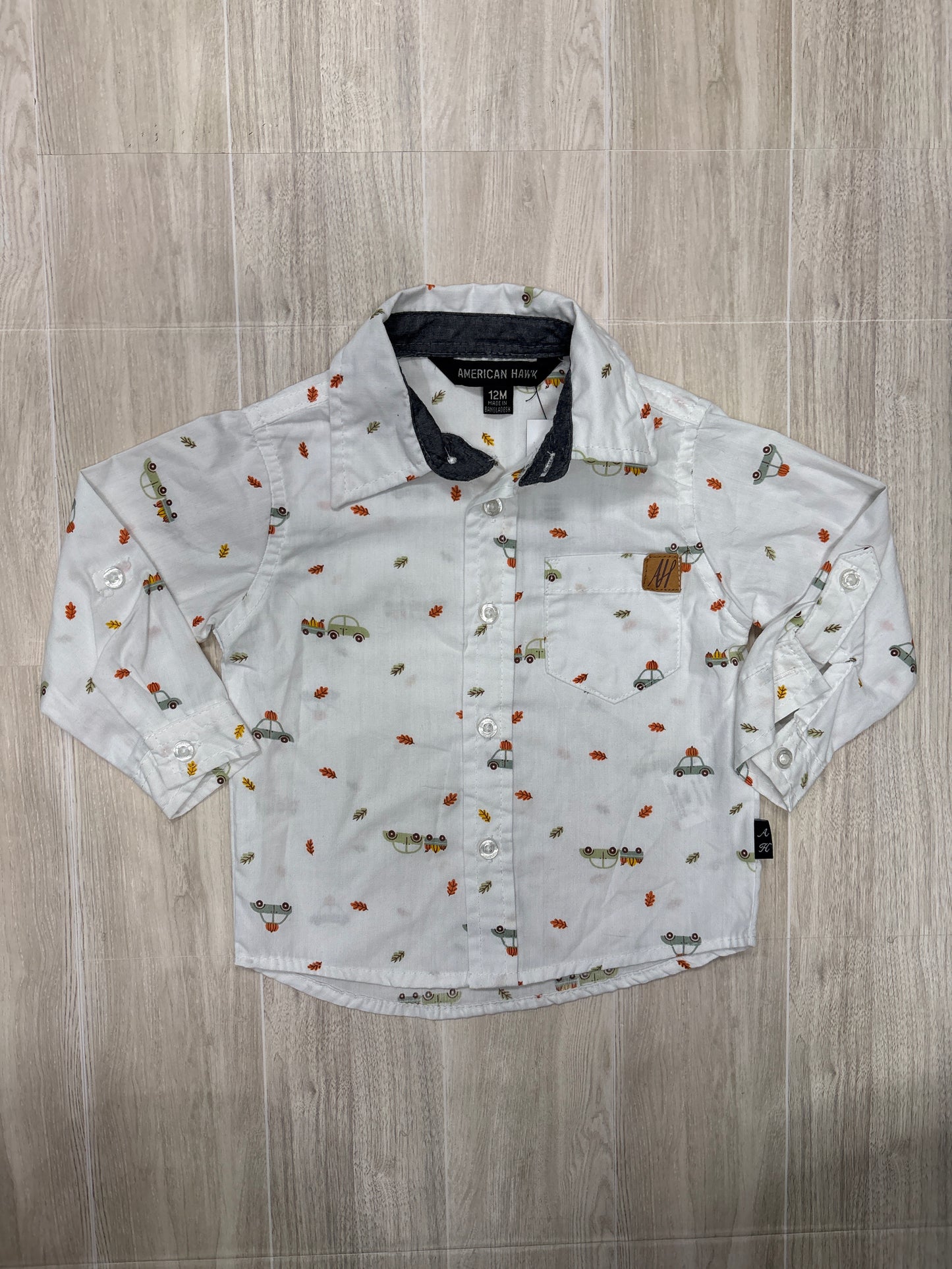 12m White Leaf + Cars Pocket Collared Button Up