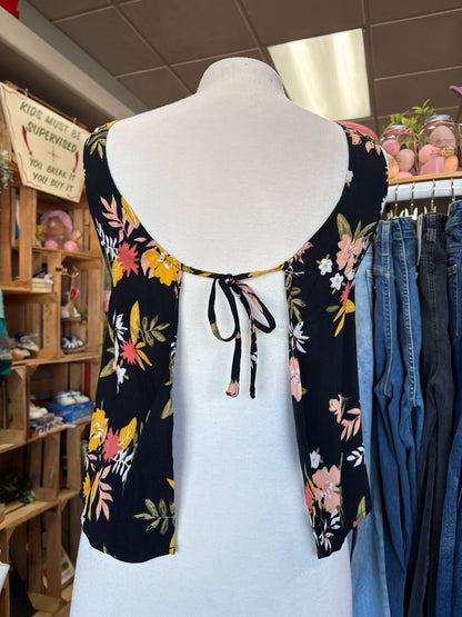 Womens Small Black Floral Open Back Tank Top