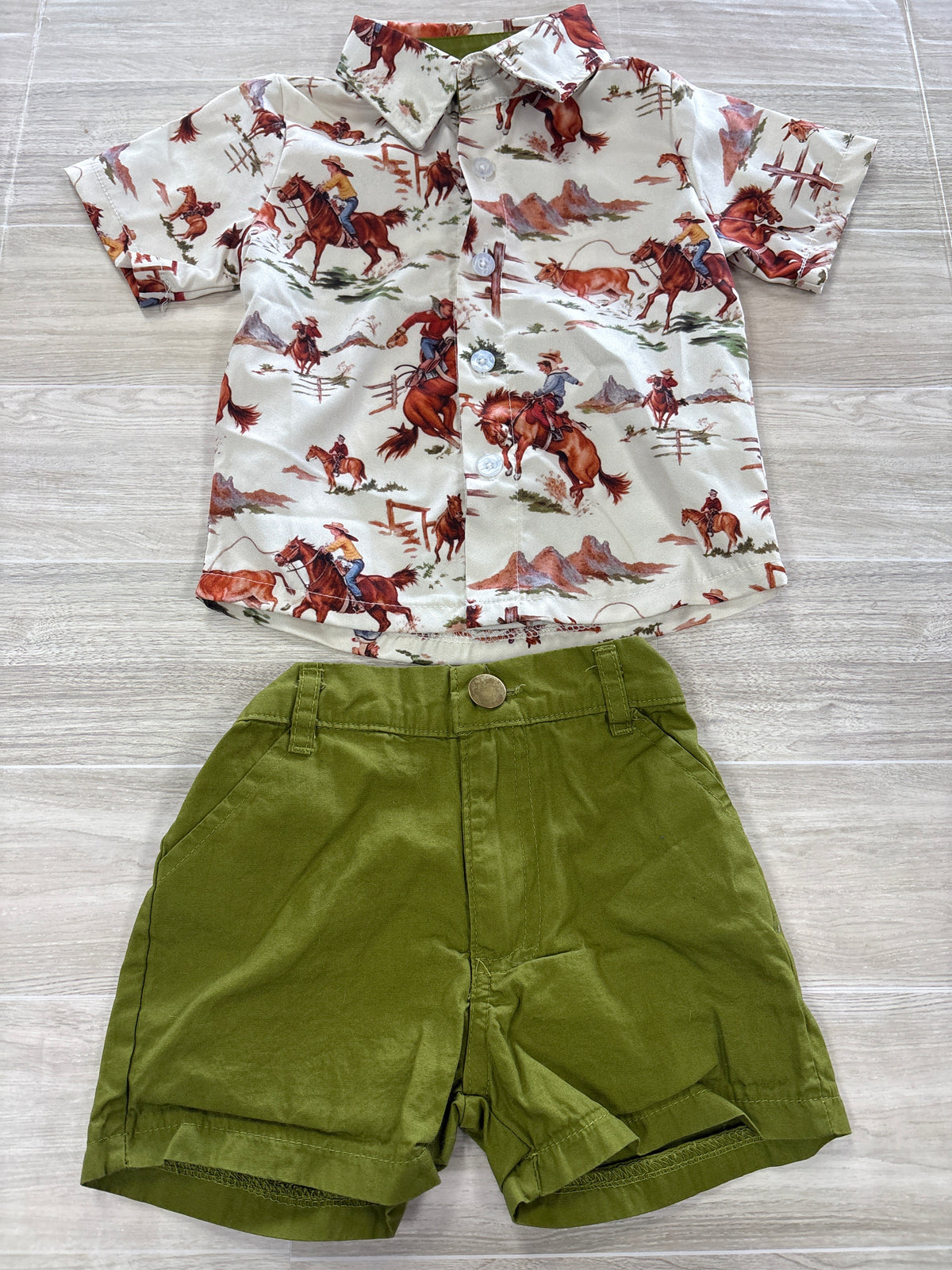6-12m Cream Western Printed Button Up + Olive Shorts Set