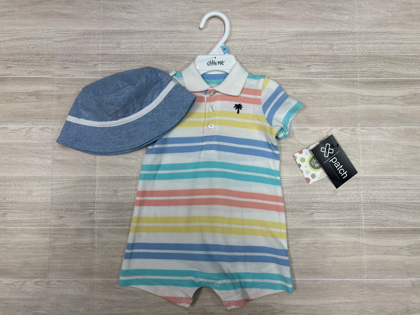 NWT 6m Little Me Pastel Striped Shortie Romper + Hat Set