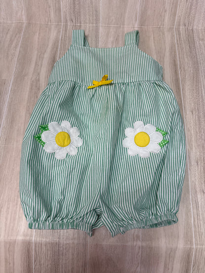 18m Green Striped Bubble Romper with Flower Details