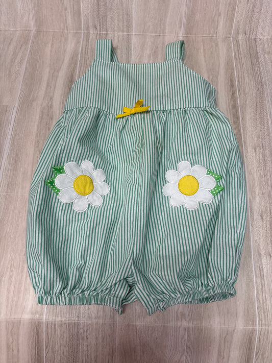 18m Green Striped Bubble Romper with Flower Details