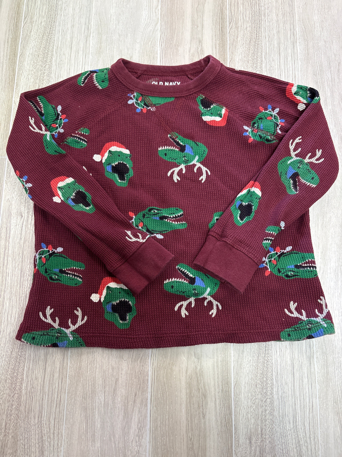 4T Maroon Waffle Knit Holiday Dino Graphic Long Sleeve