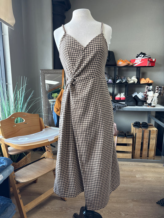 Womens Large Brown/Tan Houndstooth Printed Wrap Dress