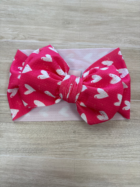 Stretchy Pink White Heart Bow Headwrap