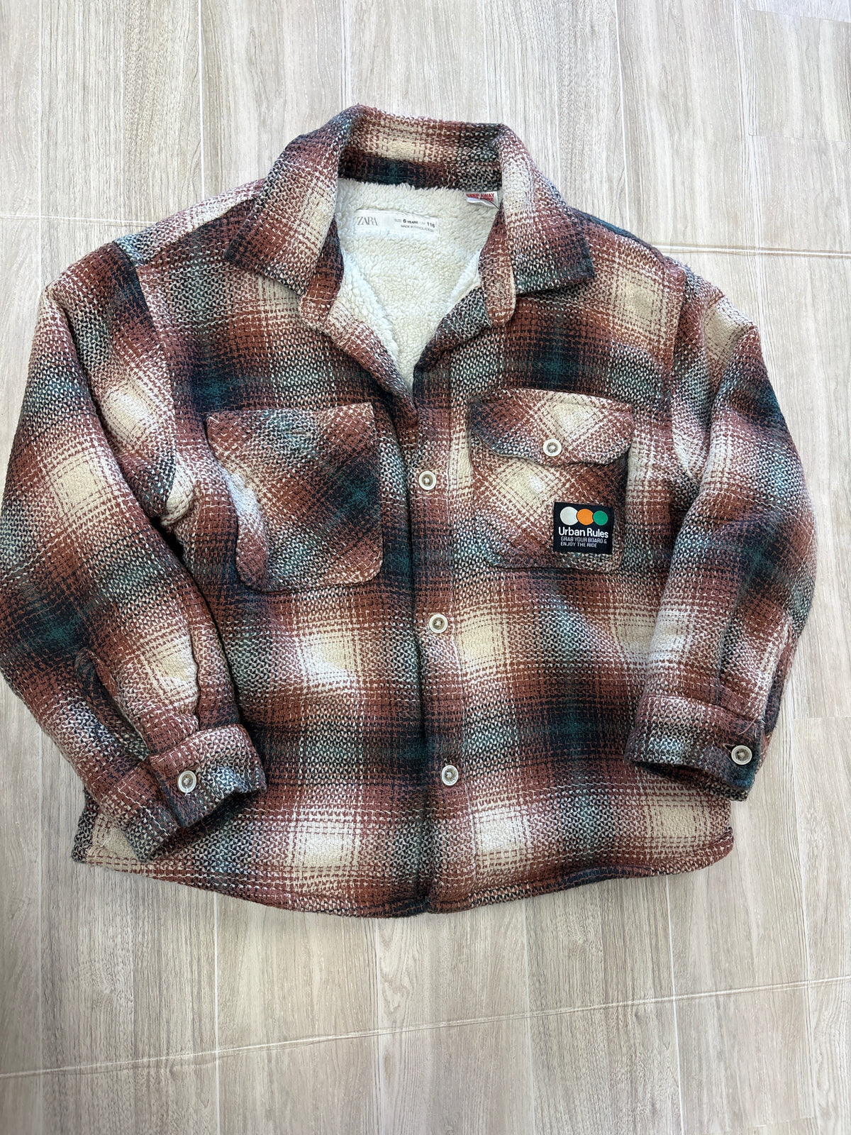 6 Zara Rust Plaid Button Up Fur Lined Shacket