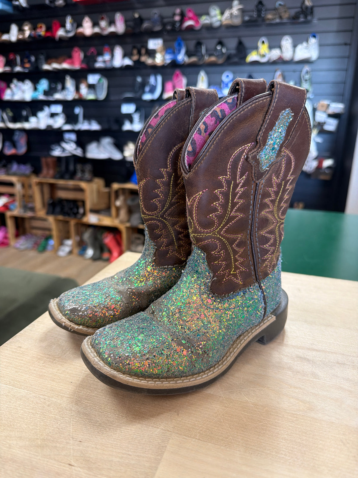 9c Shyanne Teal Glitter/Brown Western Boots - Blemish