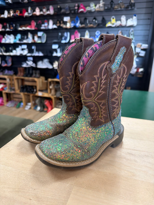 9c Shyanne Teal Glitter/Brown Western Boots - Blemish