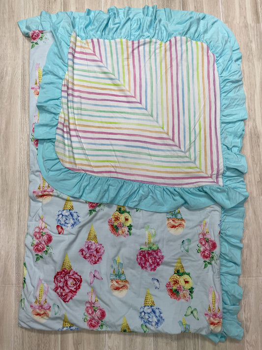 Posh Peanut Reversible Ruffle Patoo Blanket - Blue Floral Ice Cream Cones/Stripes