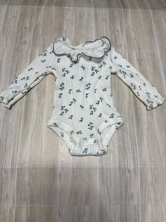 3-6m White Ribbed Green Floral Collared Onesie