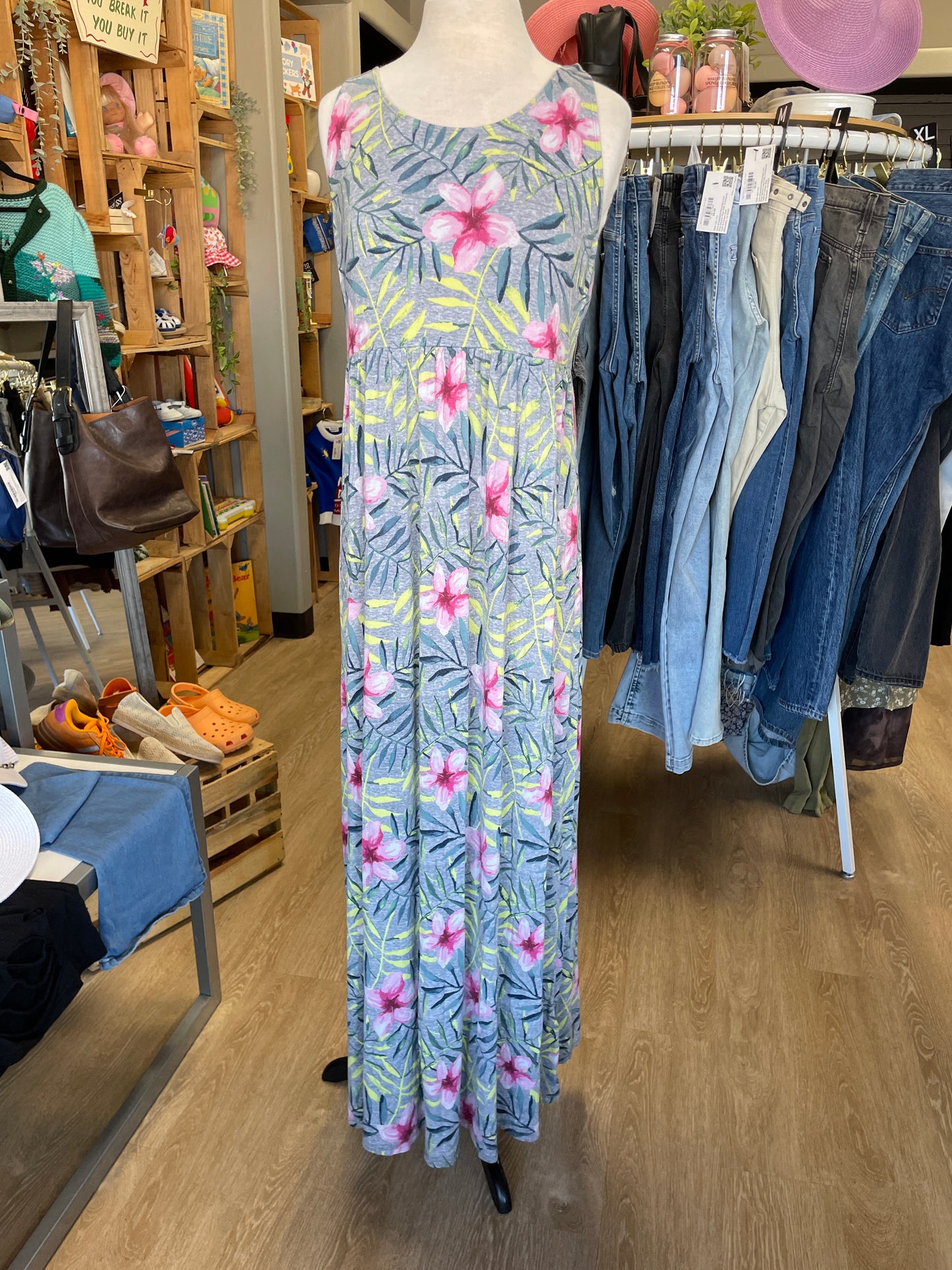 Womens XL Grey Hawaiian Tank Maxi Dress