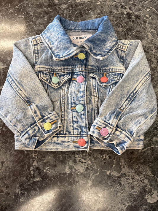 12-18m Acid Wash Denim Jacket W/ Pastel Buttons