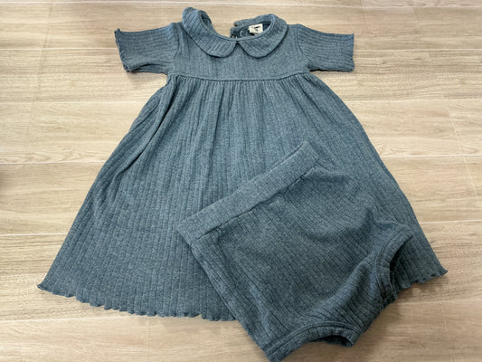 12-18m Kate Quinn Ribbed Heathered Blue Dress + Bloomer Set