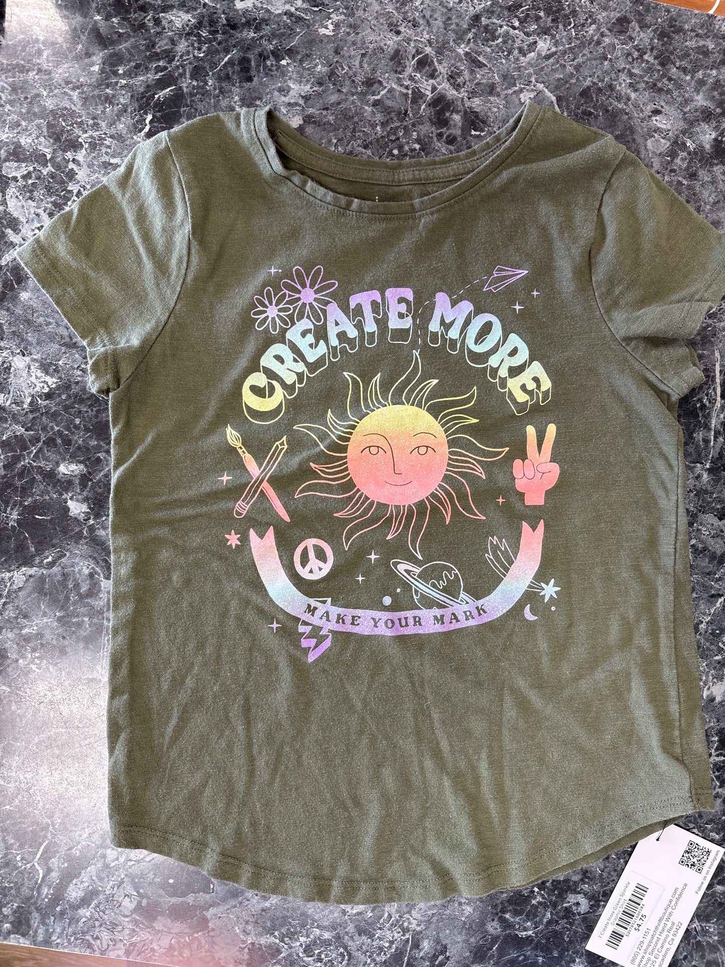 7 Create More Green Sparkle Graphic Shirt
