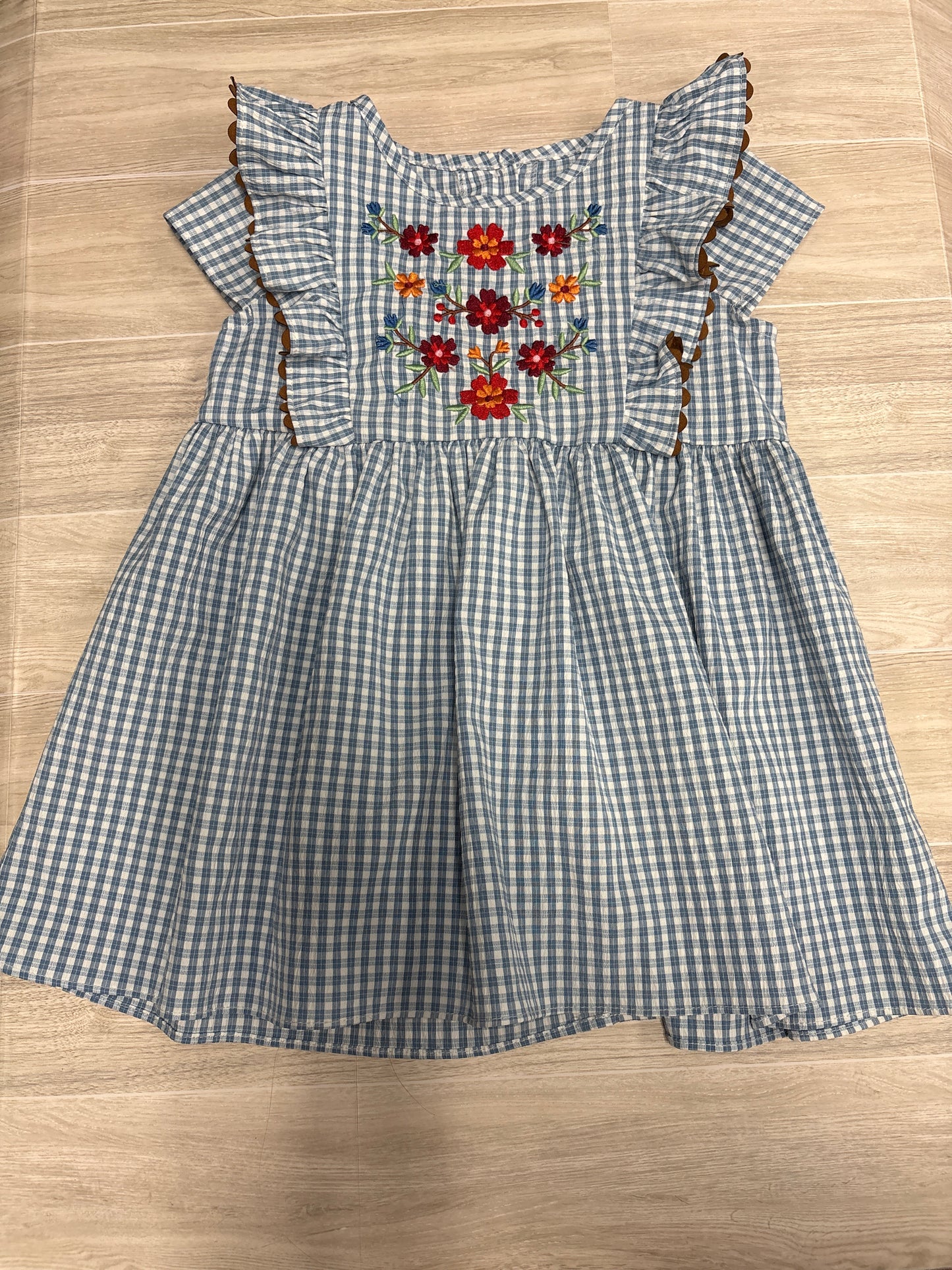 3T Blue Gingham Floral Ruffle Dress