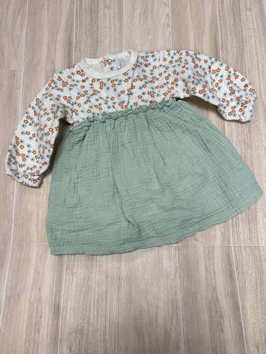 3-6m Green/White Floral Gauze Long Sleeve Dress