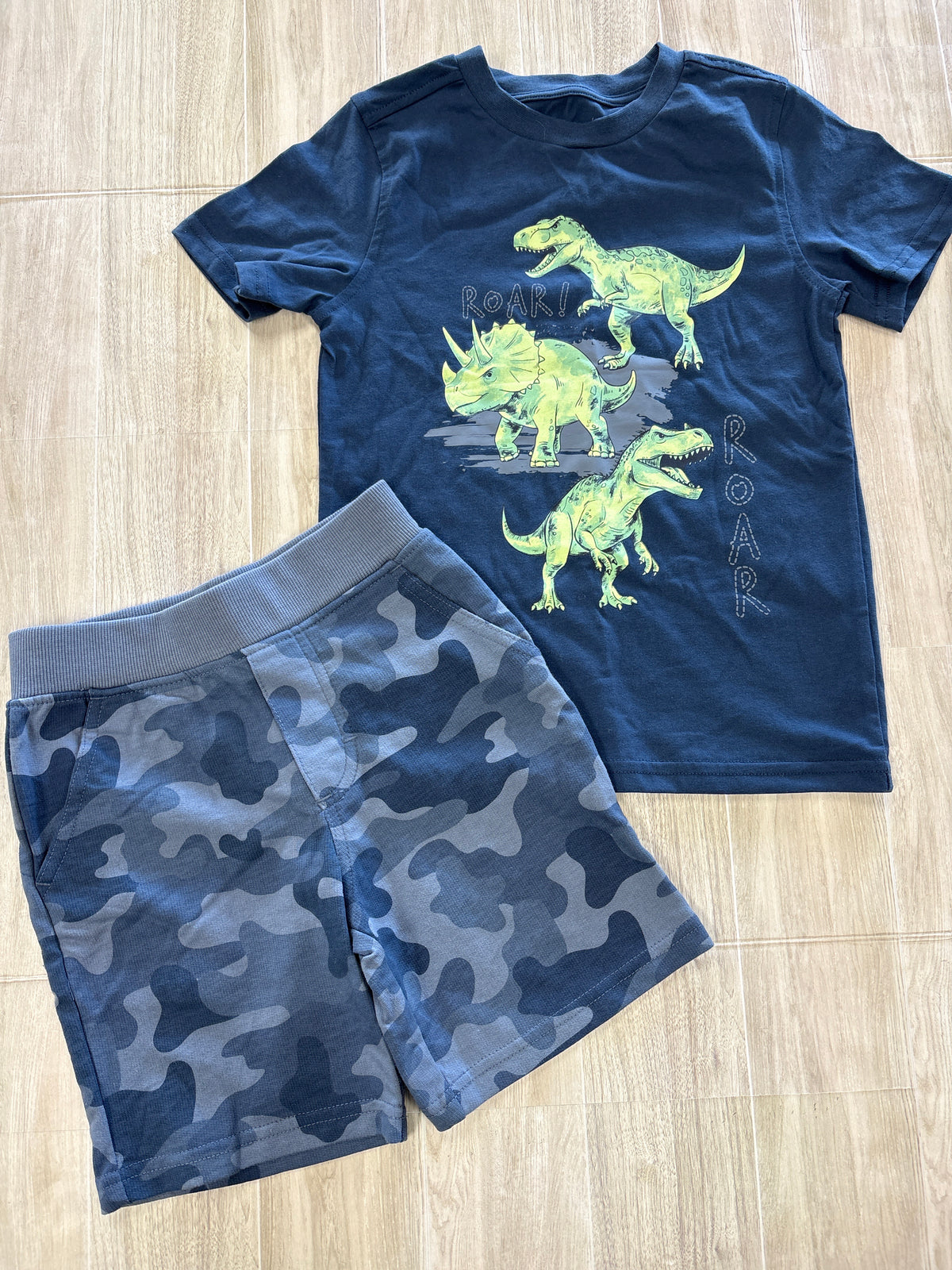 5 Navy Dinosaur Graphic Tee + Camo Soft Shorts Set