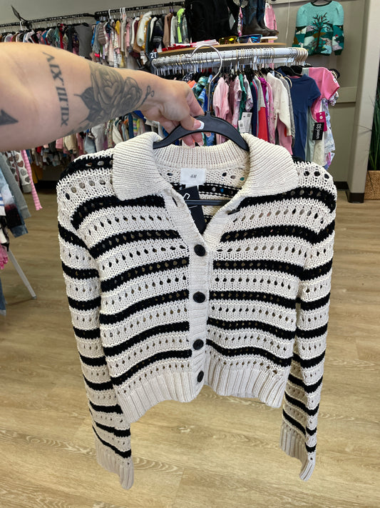 Womens XSmall Striped Eyelet Button Sweater