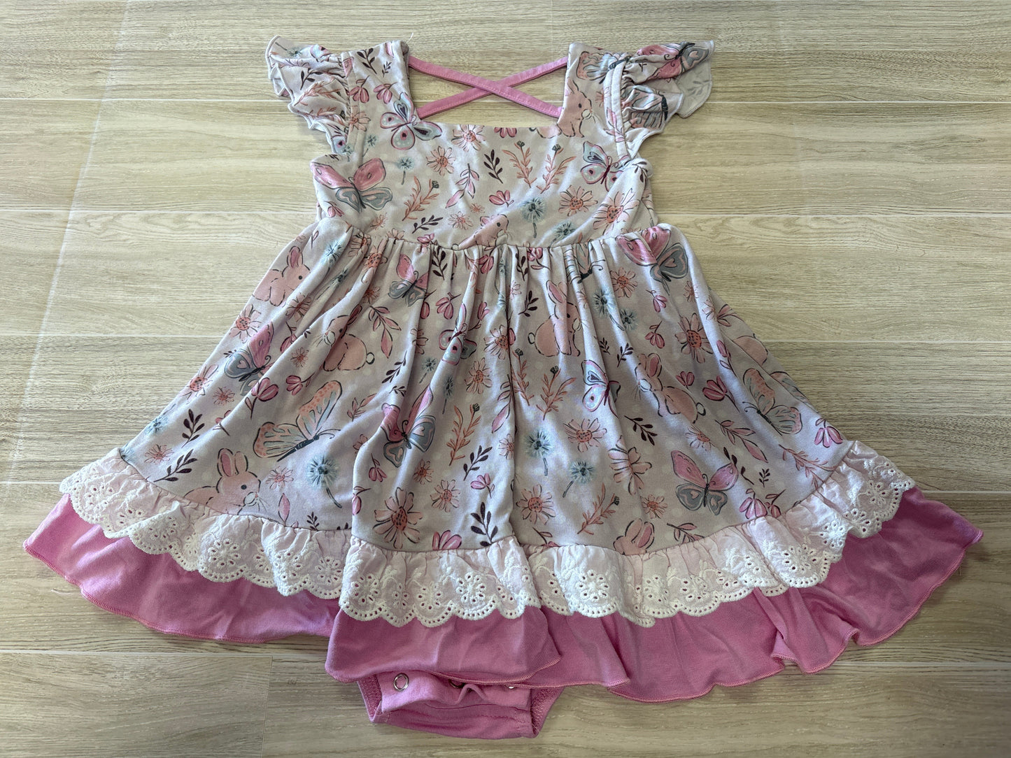 2T Ruth Charlotte Bunnies + Butterflies Twirl Dress Onesie