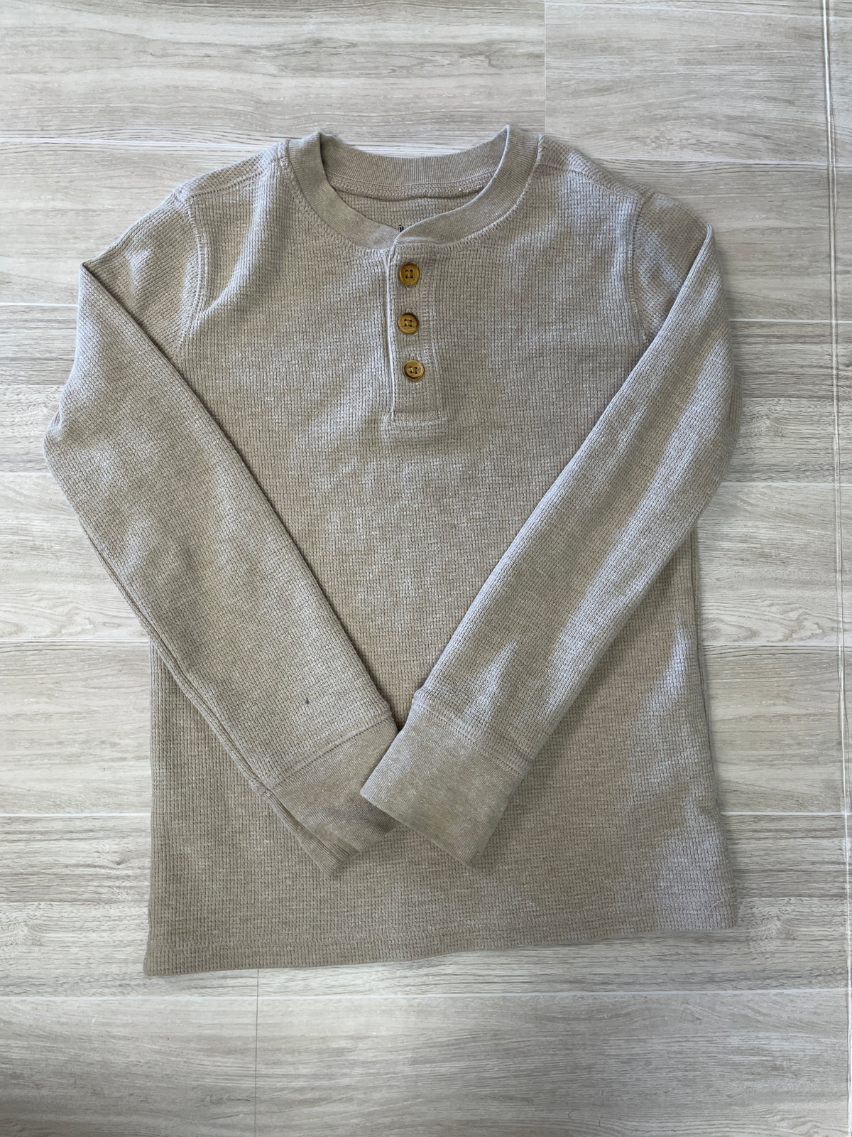 6 Tan Waffle Knit Button Long Sleeve