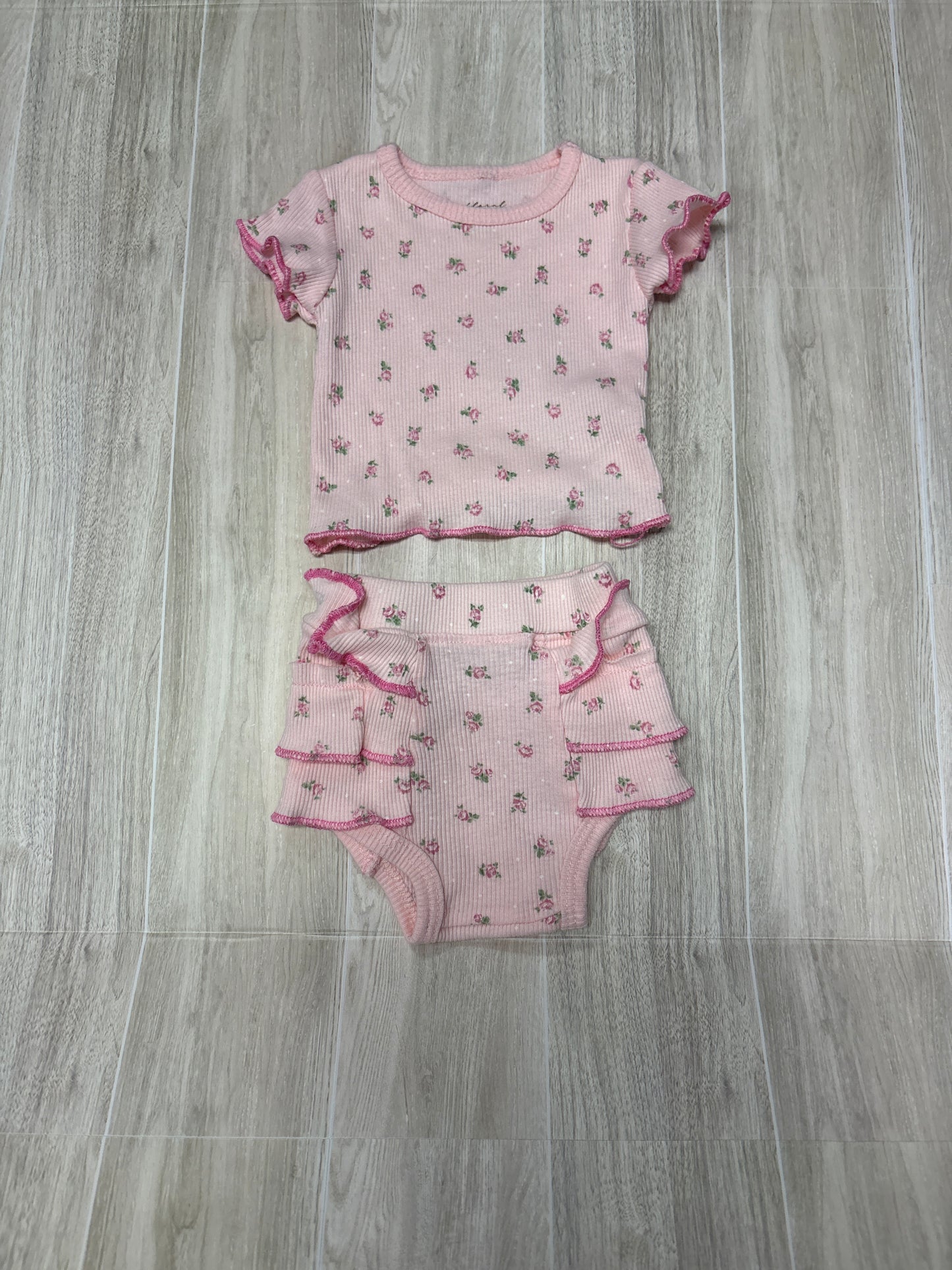 0-3m Light Pink Floral Ribbed 2 Piece Set