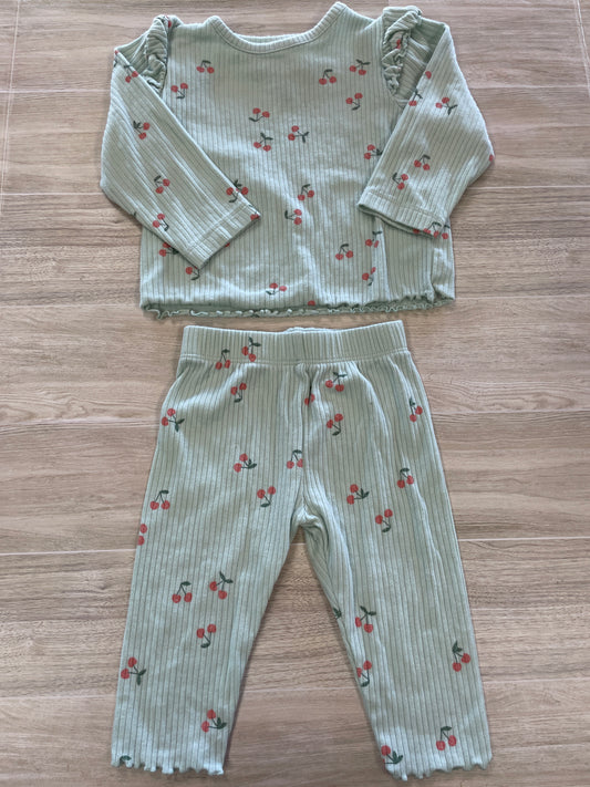 6-9m Mint Ribbed Cherry 2 Piece Lounge Set