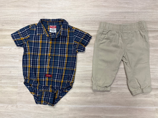 9m Wrangler Blue Plaid Button Up + Tan Pant Set