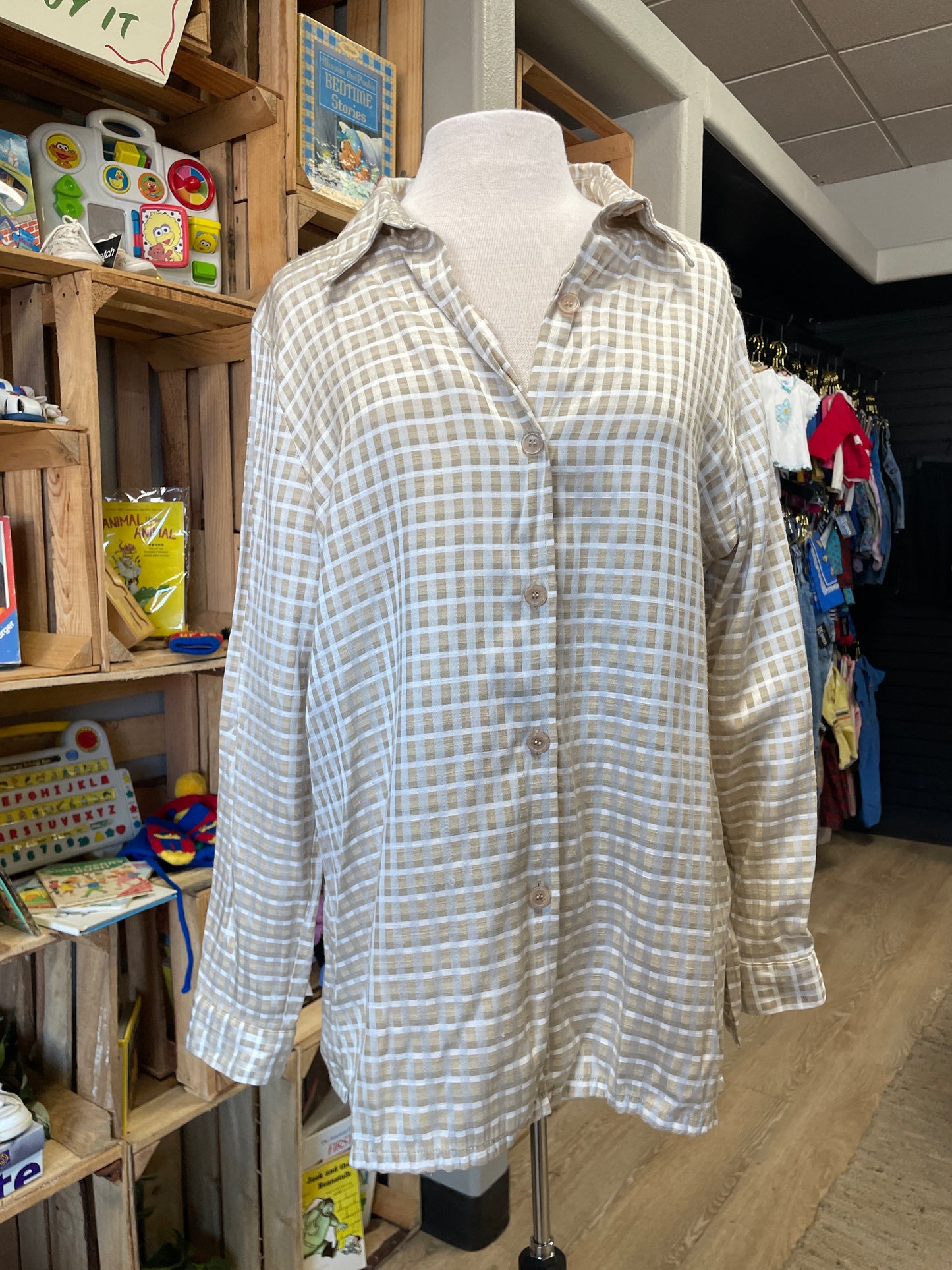 Womens Large Beige Plaid Button Shirt