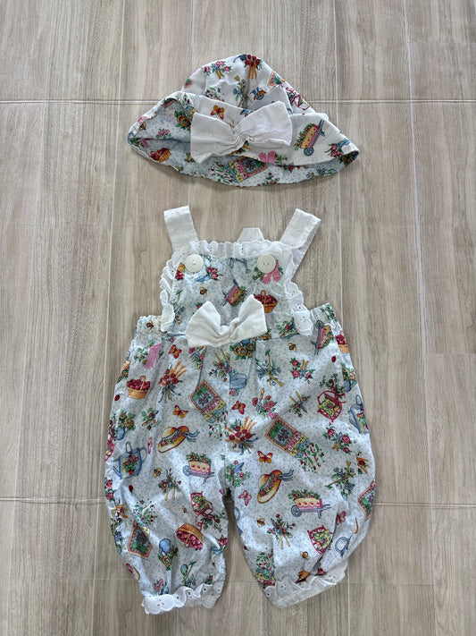 VINTAGE 3-6m Garden Lace Overall + Hat Set