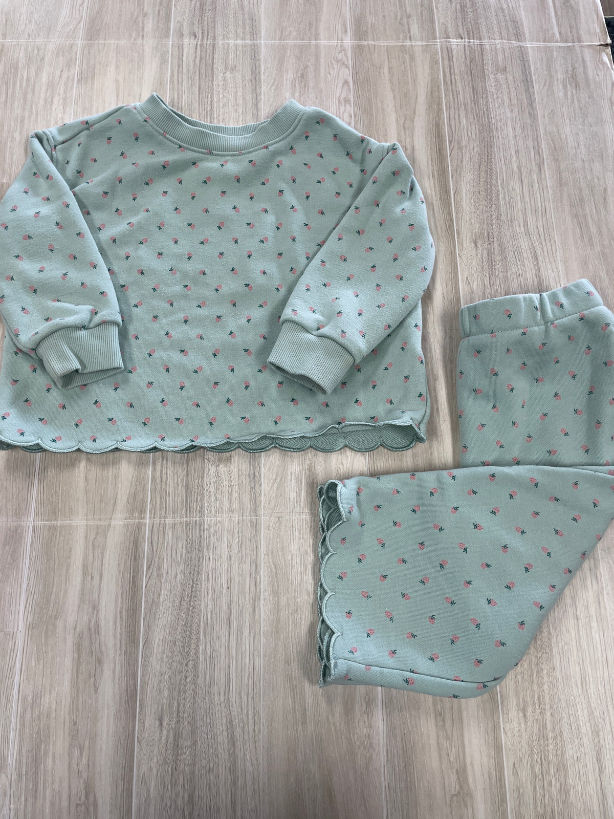 24m Sage Strawberry Floral Scalloped Edge Crewneck + Wide Leg Sweats - Blemish