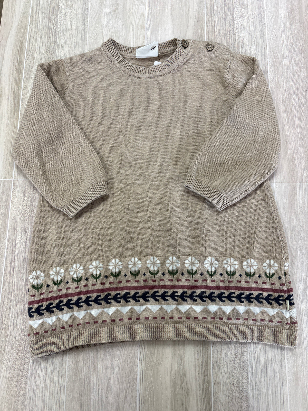 18-24m Tan Knit Floral Pattern Long Sleeve Dress