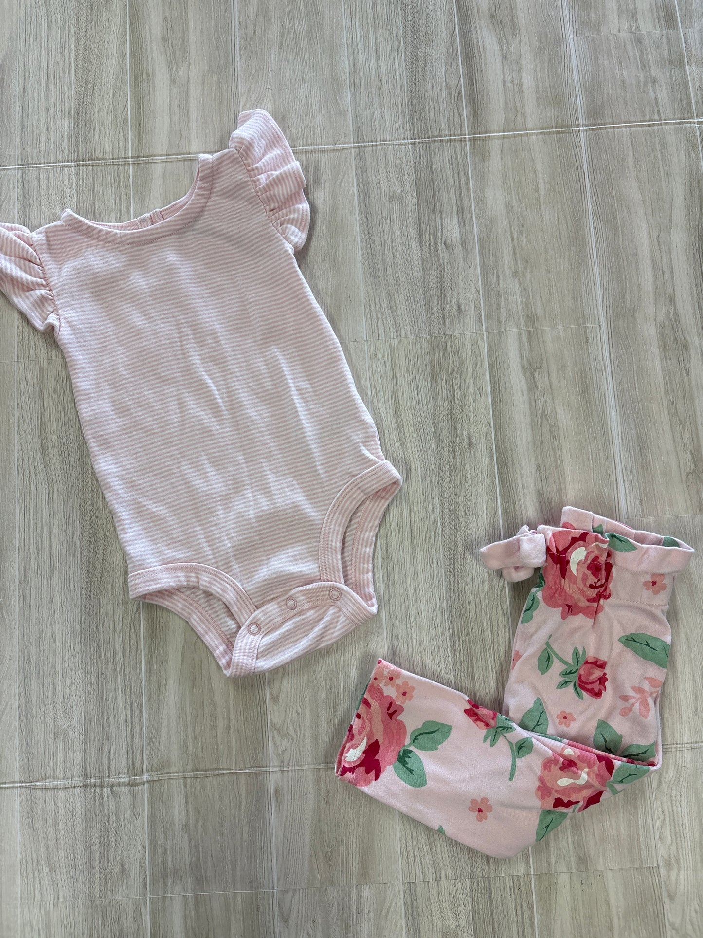 12m Pink/White Striped Onesie + (different brand) Light Pink Floral Legging Set